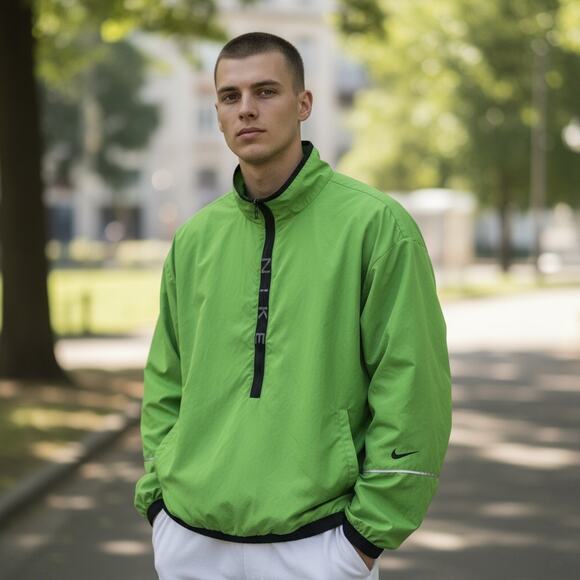 Vintage Y2K Nike Neon Green 1/2 Zip Windbreaker Jacket Running Mens Size Small - Picture 1 of 12
